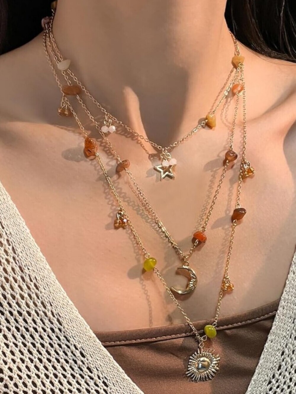 Layered Gold Moon & Sun Necklace with Amber and Lime Beads